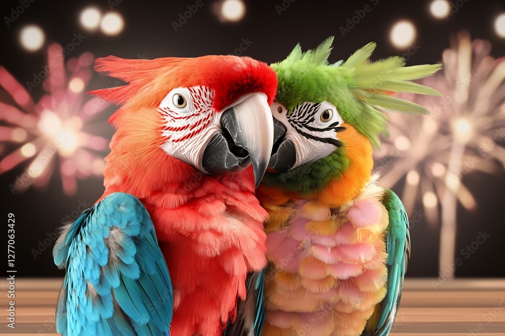 Obraz premium trendy pop art parrot couple neon feathered carnival outfits fireworks