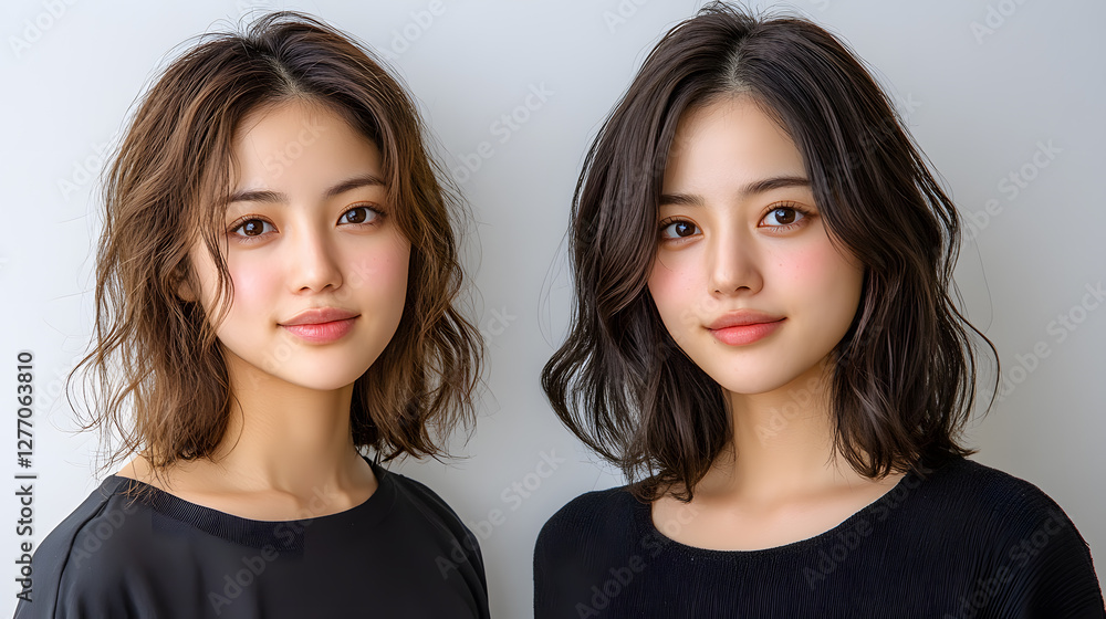 Two young Asian women with radiant skin and shiny hair, posing elegantly in a studio setting. Two young Asian women with radiant skin and shiny hair, posing elegantly in a studio setting.