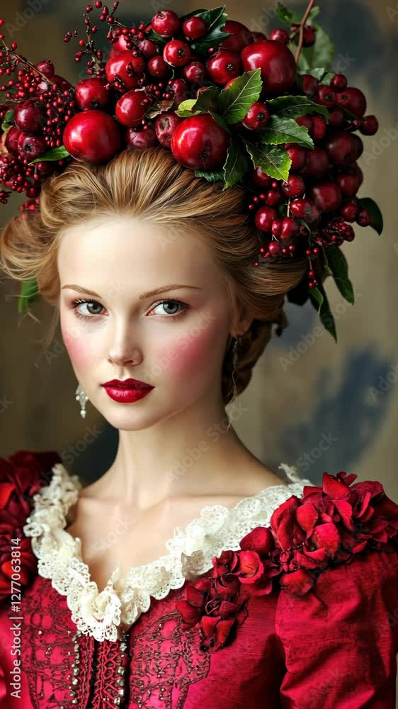 Portrait of a woman wearing a vibrant red dress decorated with flowers, featuring a floral headdress with cherries Portrait of a woman wearing a vibrant red dress decorated with flowers, featuring a floral headdress with cherries
