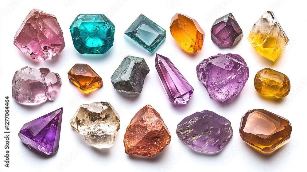 Collection of colorful gemstones and crystals isolated on white background - faceted gems in various shapes and colors, perfect for jewelry, design, and fantasy themes. Collection of colorful gemstones and crystals isolated on white background - faceted gems in various shapes and colors, perfect for jewelry, design, and fantasy themes.