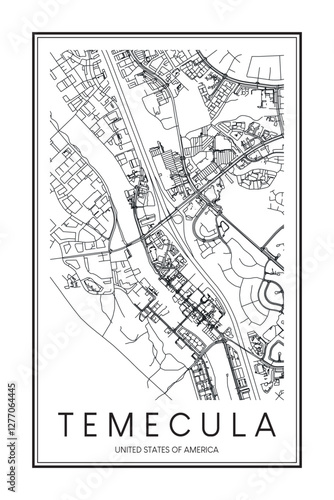 Printable downtown road map poster of the USA town of TEMECULA on solid white background with city name