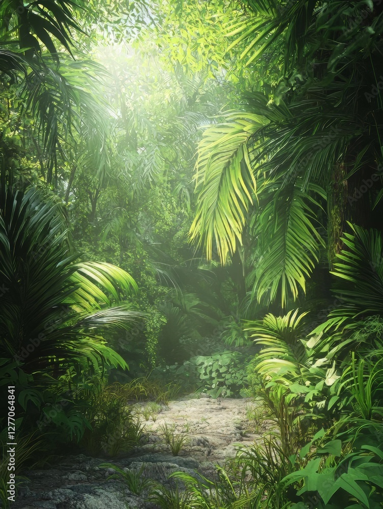 Lush Tropical Rainforest Path: Sunlight, Jungle, Greenery, Palm Trees, and Nature's Beauty