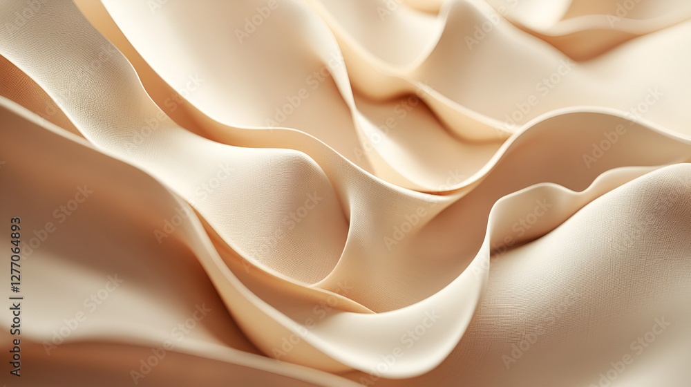Fototapeta premium Beige undulating fabric forming a soft, abstract, three-dimensional landscape. Gentle waves of texture.