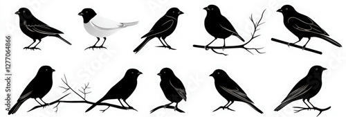 Silhouettes of birds perched on a branch icons set
