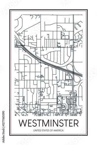 Printable downtown road map poster of the USA town of WESTMINSTER on solid white background with city name