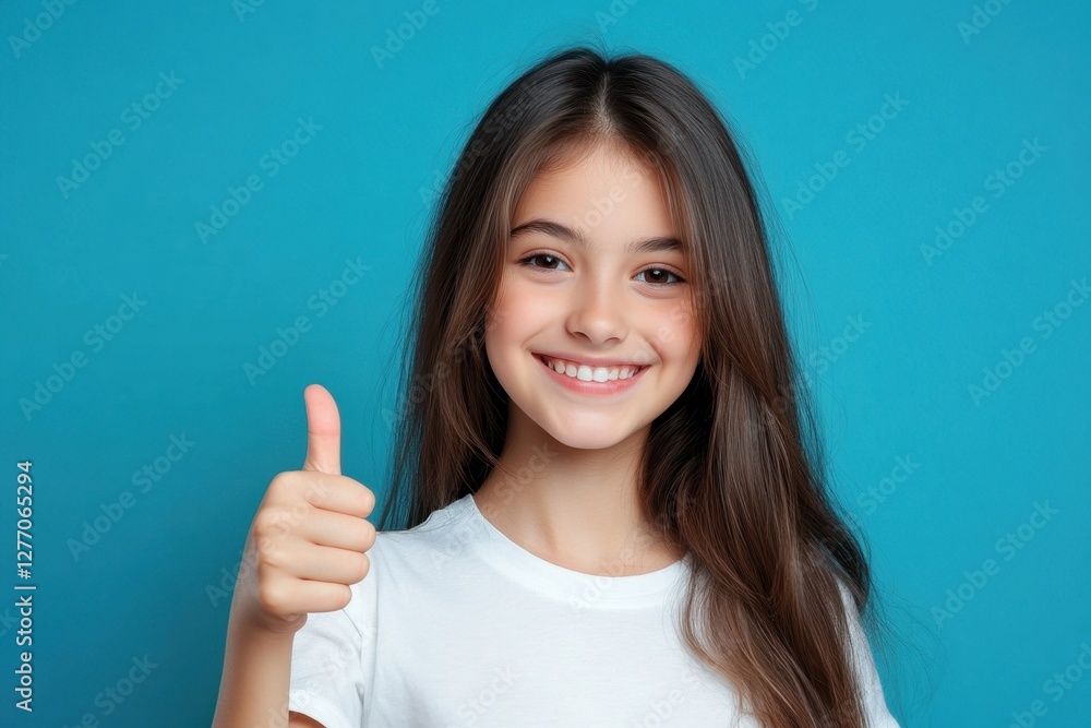 Cheerful young girl with long hair giving a thumbs up in a bright sunny garden setting Cheerful young girl with long hair giving a thumbs up in a bright sunny garden setting