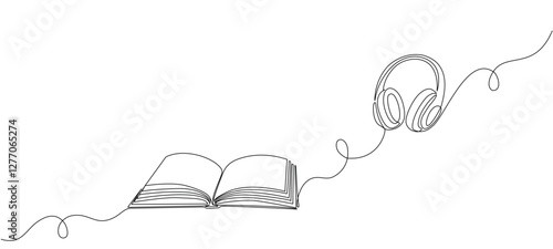 Single continuous editable line of audiobook and headphones.  Concept of online service for audio reading, learning in minimal linear style. Vector illustration