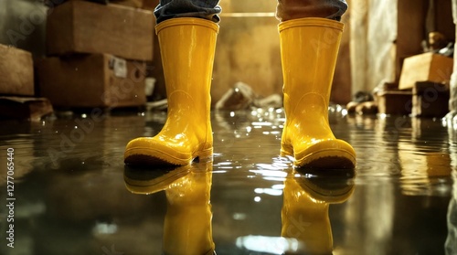 Low-angle view of a person in yellow boots standing in a flooded basement