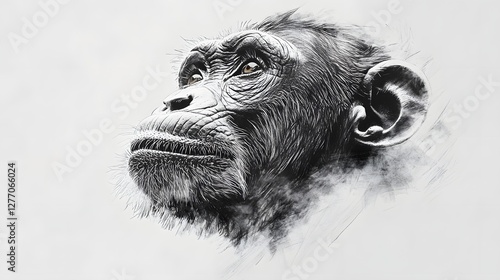 Pensive primate portrait with intricate details; chimpanzee gazes upwards, charcoal texture. photo