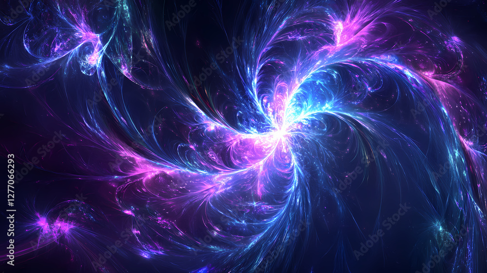 Abstract fractal art with purple and blue glowing lines on a dark background. Mystical Neon Fractals. Illustration Abstract fractal art with purple and blue glowing lines on a dark background. Mystical Neon Fractals. Illustration