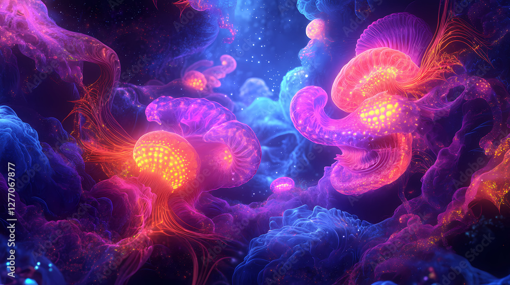 Enchanting glowing neon sea creatures amidst swirling oceanic fractals for nature themed art. Mystical Neon Fractals. Illustration Enchanting glowing neon sea creatures amidst swirling oceanic fractals for nature themed art. Mystical Neon Fractals. Illustration