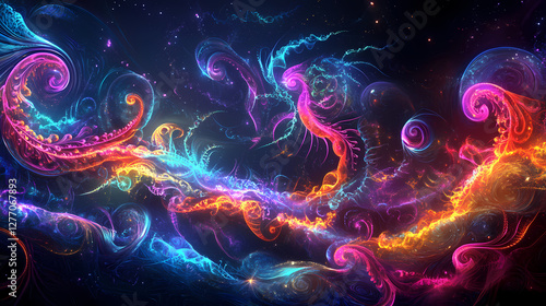 Enchanting glowing neon sea creatures amidst swirling oceanic fractals for nature themed art. Mystical Neon Fractals. Illustration photo