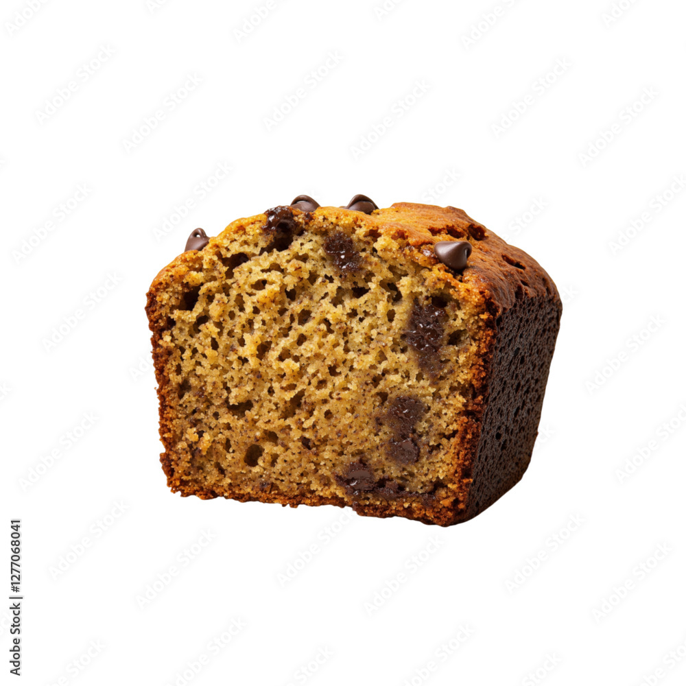 Moist banana bread slice with chocolate chips and walnuts, isolated on a transparent background. Moist banana bread slice with chocolate chips and walnuts, isolated on a transparent background.