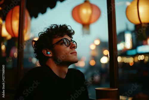 Contemplative Young Man in City Cafe at Night: A Moment of Reflection
