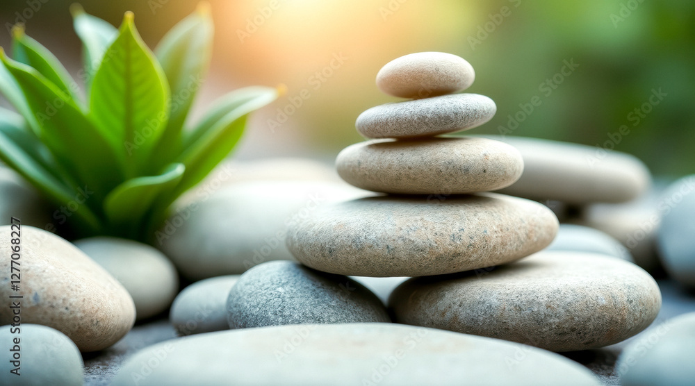 Obraz premium four gray stones stacked in a tranquil scene with green leaves