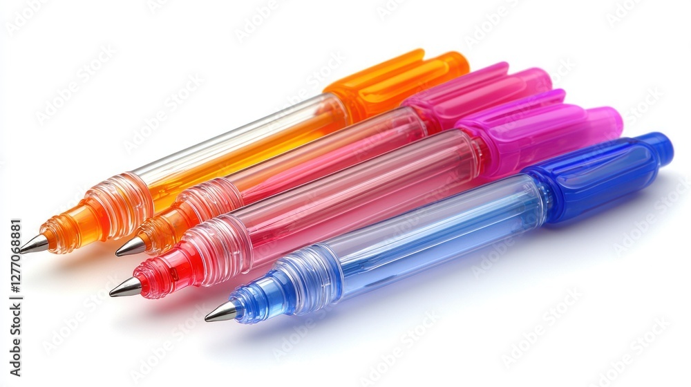 Four colorful translucent pens arranged diagonally on a white background. Four colorful translucent pens arranged diagonally on a white background.