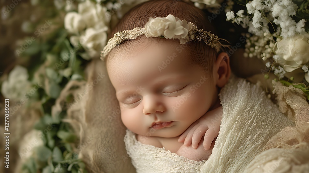 Sleeping Baby in Floral Setting: A serene portrait of infant in a floral nest, pure innocence. Sleeping Baby in Floral Setting: A serene portrait of infant in a floral nest, pure innocence.