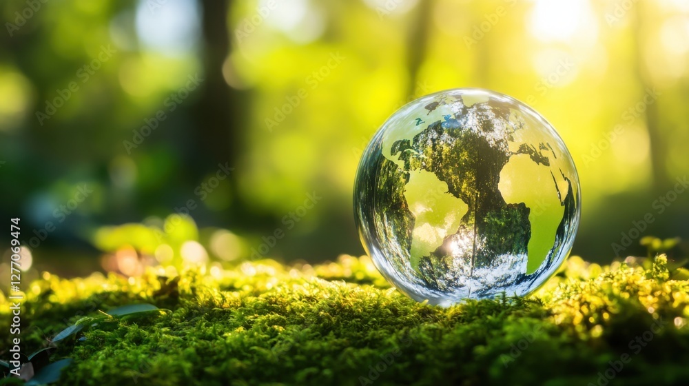 Glass Globe Earth on Moss in Forest, A Symbol of Environmental Conservation and Sustainability Glass Globe Earth on Moss in Forest, A Symbol of Environmental Conservation and Sustainability