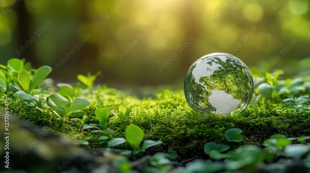 A Crystal Globe Representing Earth Resting on Lush Green Moss in a Forest Setting, Symbolizing Environmental Conservation and Sustainability A Crystal Globe Representing Earth Resting on Lush Green Moss in a Forest Setting, Symbolizing Environmental Conservation and Sustainability
