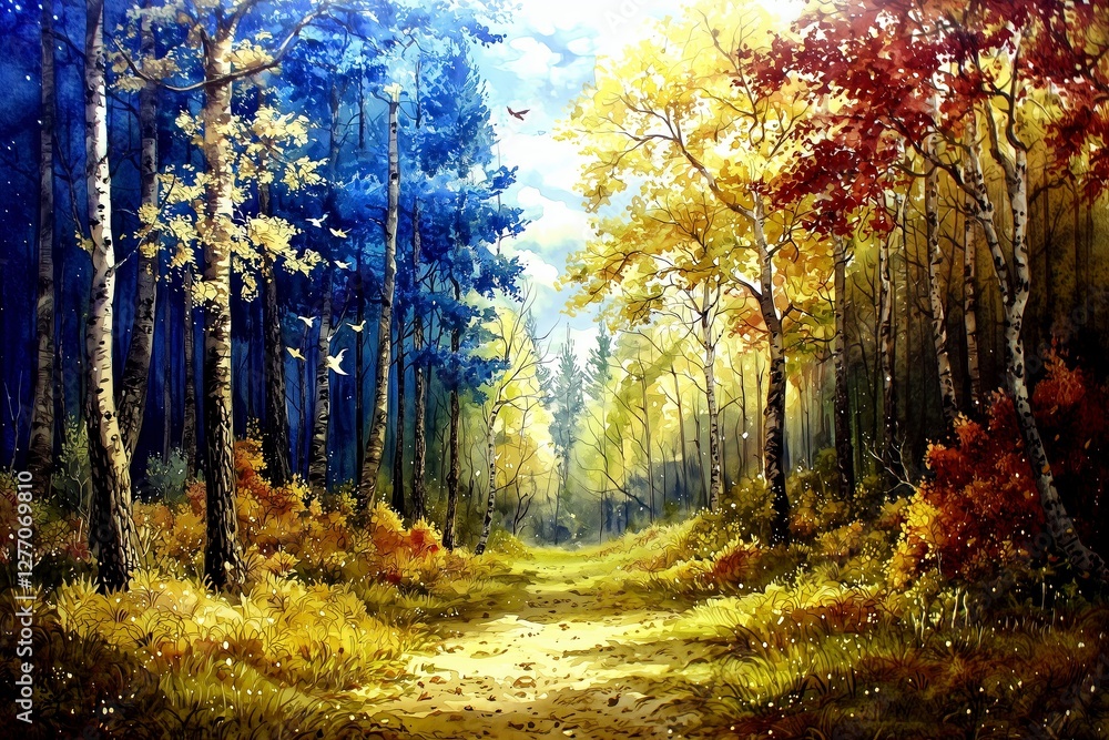 Obraz premium A vibrant forest path showcasing autumn colors amid tall trees and a sunny sky.