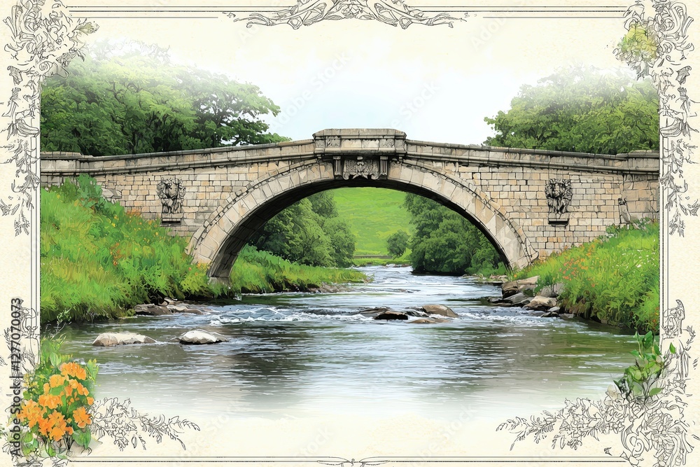 Fototapeta premium A picturesque stone bridge spans a serene river surrounded by lush greenery.