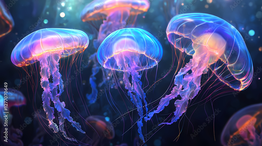 Enigmatic jellyfish: holographic underwater design. Surreal Holographic Ocean. Illustration Enigmatic jellyfish: holographic underwater design. Surreal Holographic Ocean. Illustration