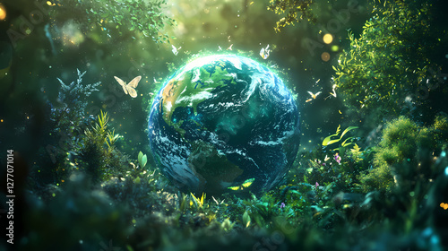 Glowing holographic earth surrounded by lush ecosystems and vibrant greenery, symbolizing nature beauty and importance of environmental preservation. Surreal Holographic Ocean. Illustration
