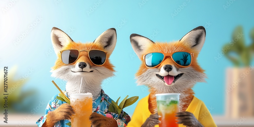 Fototapeta premium pop art fox couple tropical vacation fashion cocktails stylish trendy