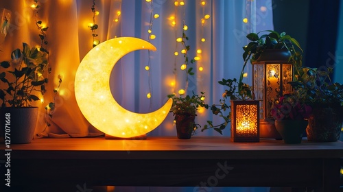 Enchanted Crescent Moon Garland: A mystical, glowing candlelit scene perfect for Ramadan, Diwali, or any spiritual celebration. Create a serene        photo