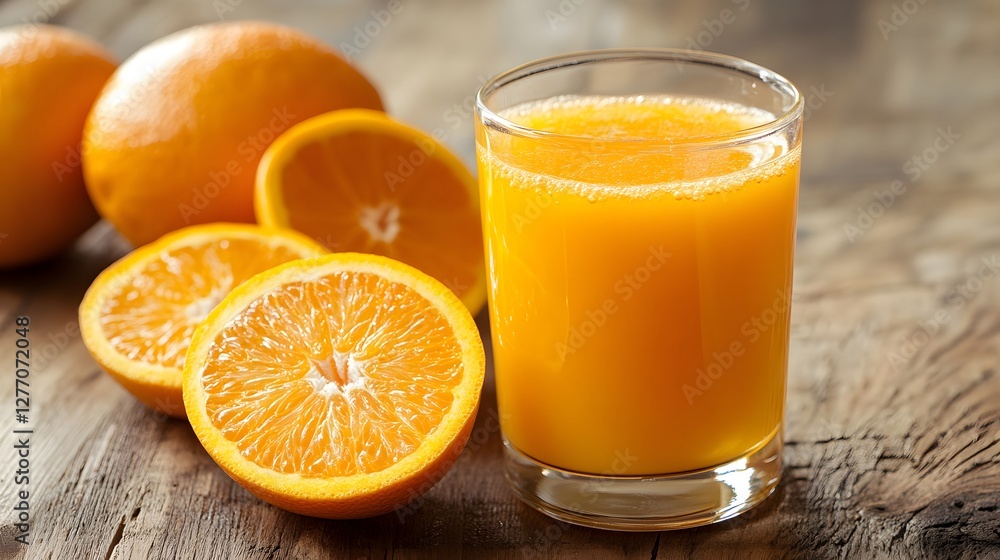 Freshly squeezed juice: A glass of vibrant liquid next to sliced citrus fruit on a wooden table. Freshly squeezed juice: A glass of vibrant liquid next to sliced citrus fruit on a wooden table.