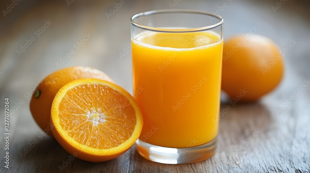 Refreshing glass of orange juice with sliced and whole oranges on a rustic wooden table. Vitamin C boost. Refreshing glass of orange juice with sliced and whole oranges on a rustic wooden table. Vitamin C boost.