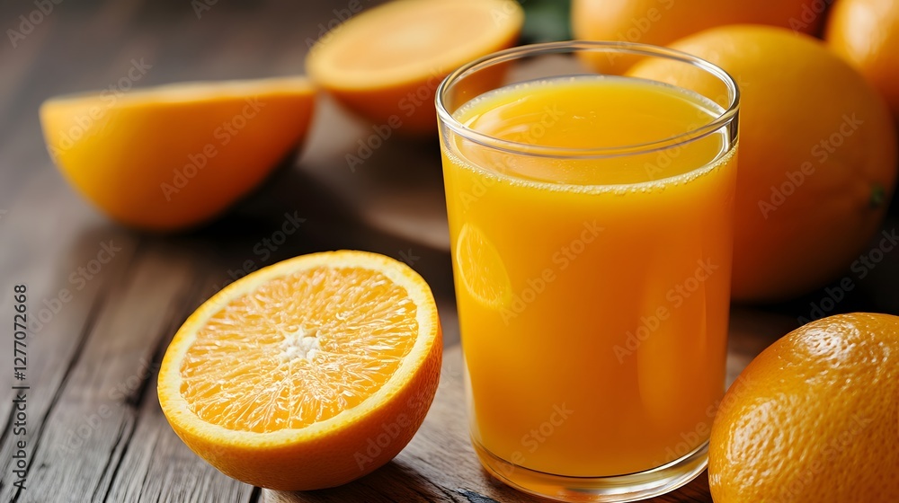 Freshly squeezed orange juice in a glass, surrounded by whole and halved oranges on a rustic wood surface. Freshly squeezed orange juice in a glass, surrounded by whole and halved oranges on a rustic wood surface.