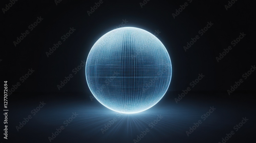 Obraz premium Glowing blue sphere with grid pattern on dark background.