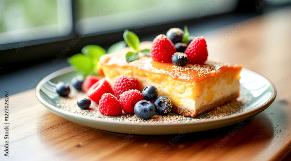 slice of glazed cheesecake with fresh raspberries and blueberries slice of glazed cheesecake with fresh raspberries and blueberries