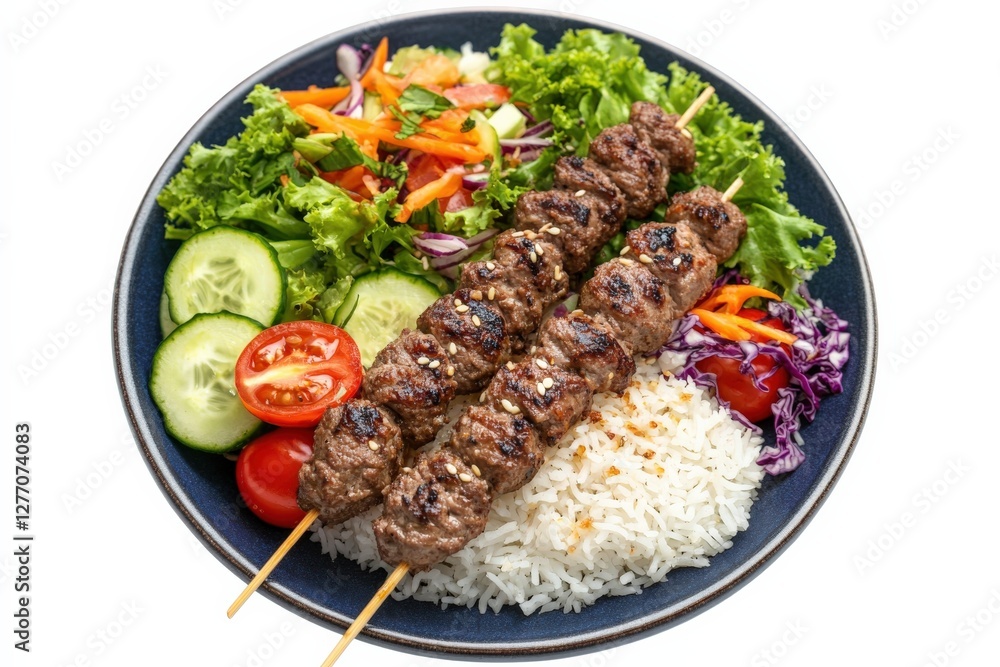 Delicious grilled kofta kebabs with rice and fresh salad on a blue plate Delicious grilled kofta kebabs with rice and fresh salad on a blue plate