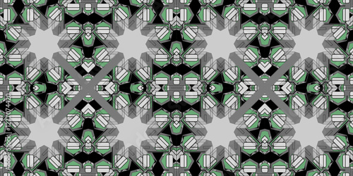 An elaborate geometric pattern showcasing black, white, and green shapes in a symmetrical arrangement. Vector illustration for textile, fabric, wallpaper design, in black and white colors