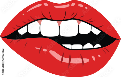 Red lips with a glossy finish showcasing a bright smile in a minimalistic flat design vector illustration