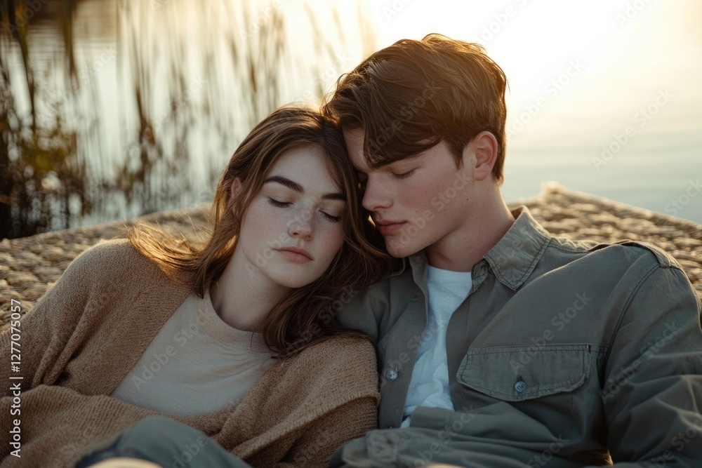 A young couple embraces by a tranquil lake at sunset, enjoying an intimate moment of peace and love. A young couple embraces by a tranquil lake at sunset, enjoying an intimate moment of peace and love.