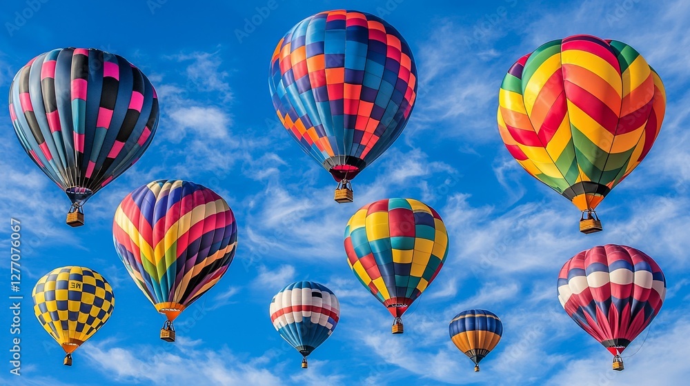 Fototapeta premium Colorful hot air balloons float against a vibrant blue sky filled with fluffy white clouds.