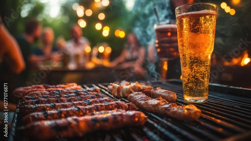 Enjoying BBQ with Friends: Grilled Meat and Cold Beer Under Twinkling Lights