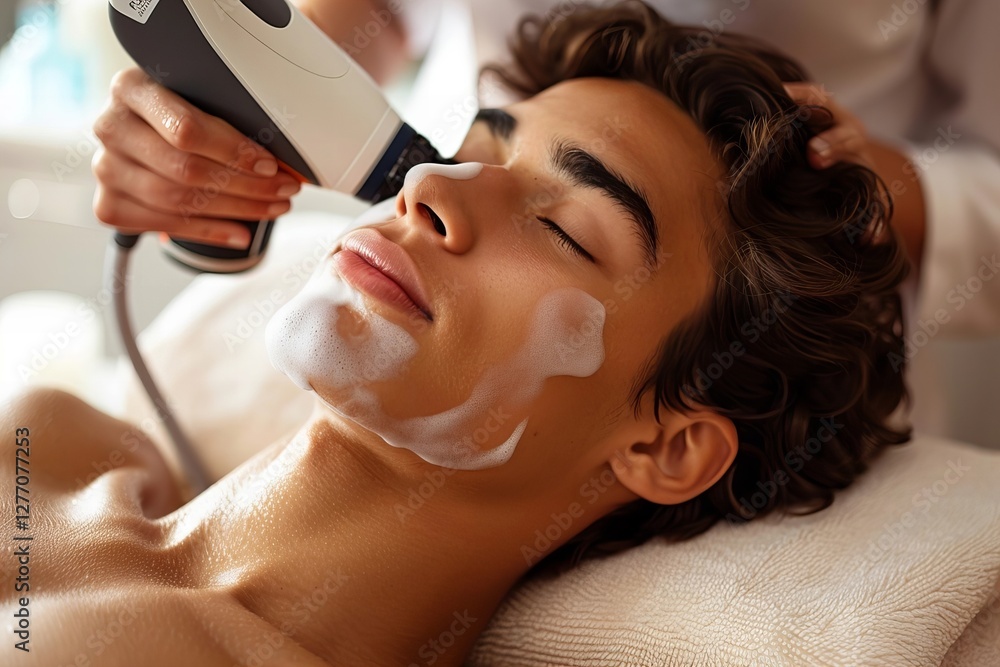 Naklejka premium Senior Man Receiving Laser Hair Removal Treatment From Beautician in Clinic