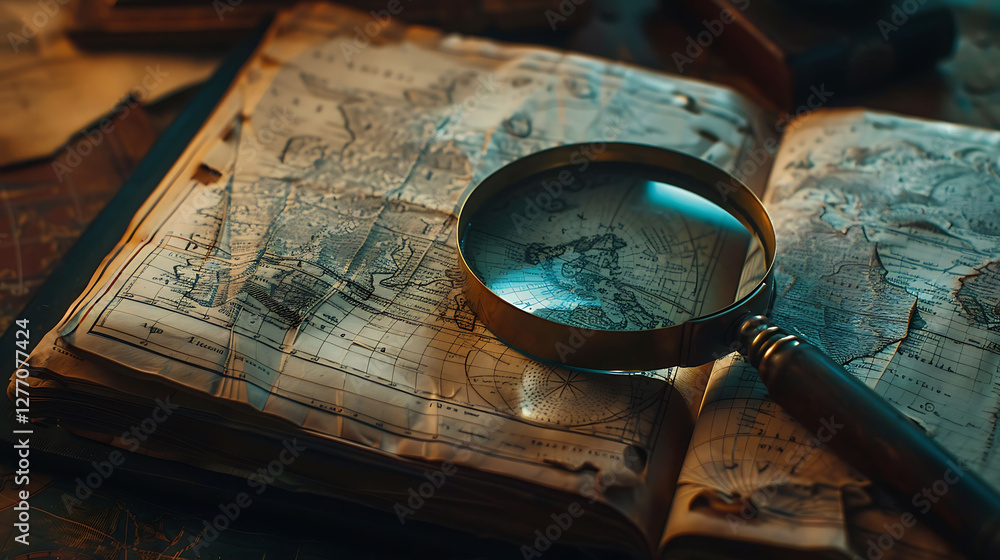 A close-up of a geography textbook open to a map, with a magnifying glass placed on top A close-up of a geography textbook open to a map, with a magnifying glass placed on top