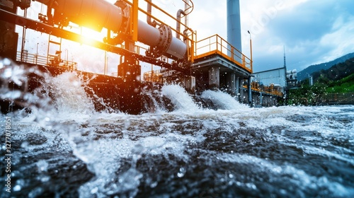 Industrial water treatment plant structure with flowing water at sunset