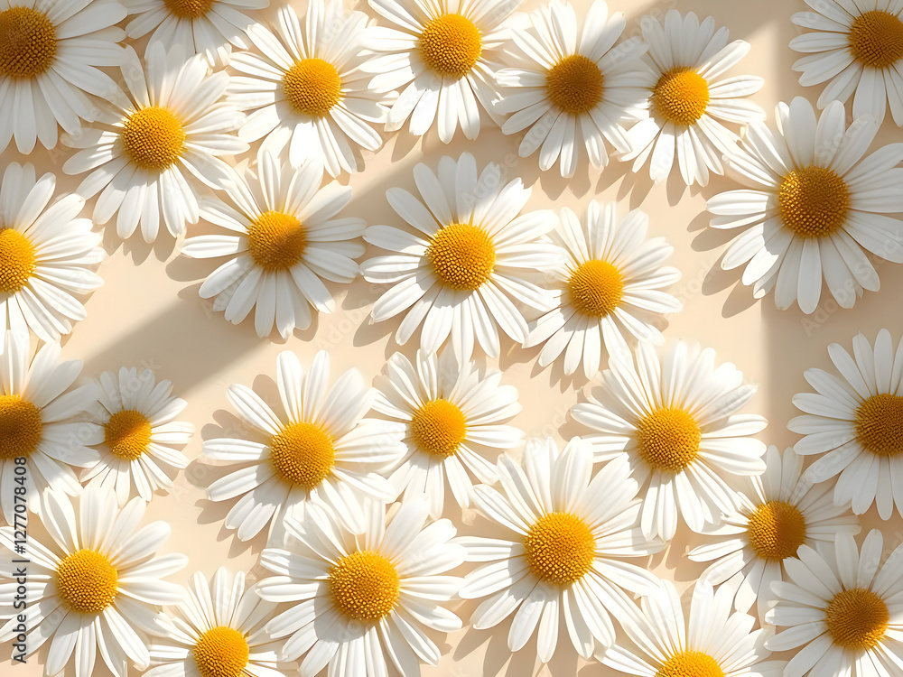 Elegant aesthetic chamomile daisy flower pattern with sunlight shadows on a neutral beige background with copy space Elegant aesthetic chamomile daisy flower pattern with sunlight shadows on a neutral beige background with copy space