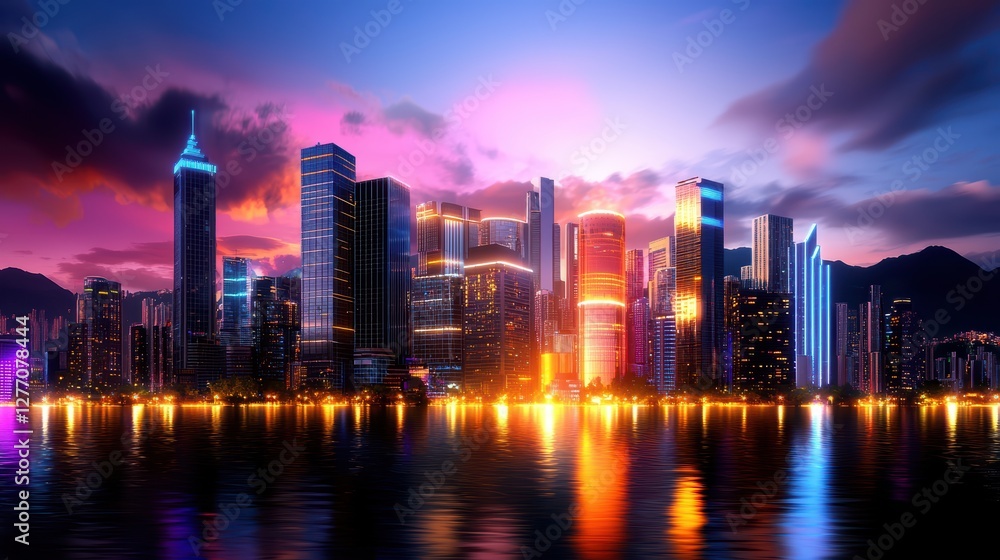 Obraz premium Vibrant sunset skyline reflecting on waterfront in modern cityscape