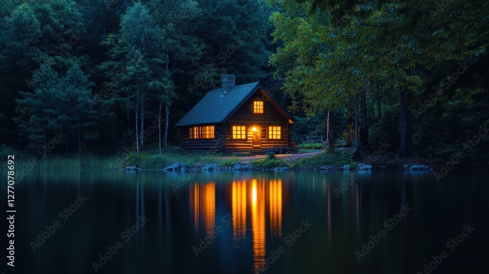 Cozy cabin by the serene lake, illuminated softly at night. Nature surrounds, reflecting warm lights on calm water. Cozy cabin by the serene lake, illuminated softly at night. Nature surrounds, reflecting warm lights on calm water.