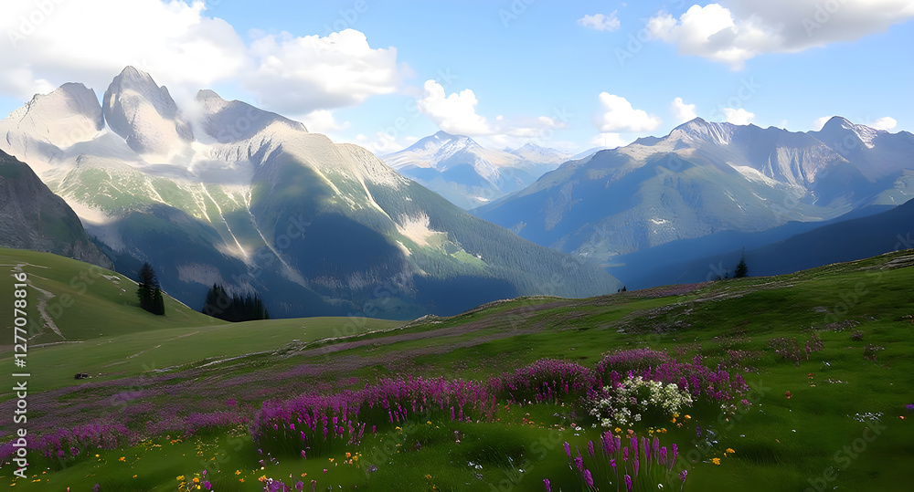 Naklejka premium Idyllic mountain landscape in the Alps with blooming meadows in springtime