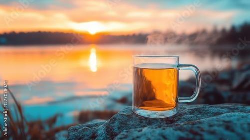 a glass of tea sitting on a rock near a lake photo