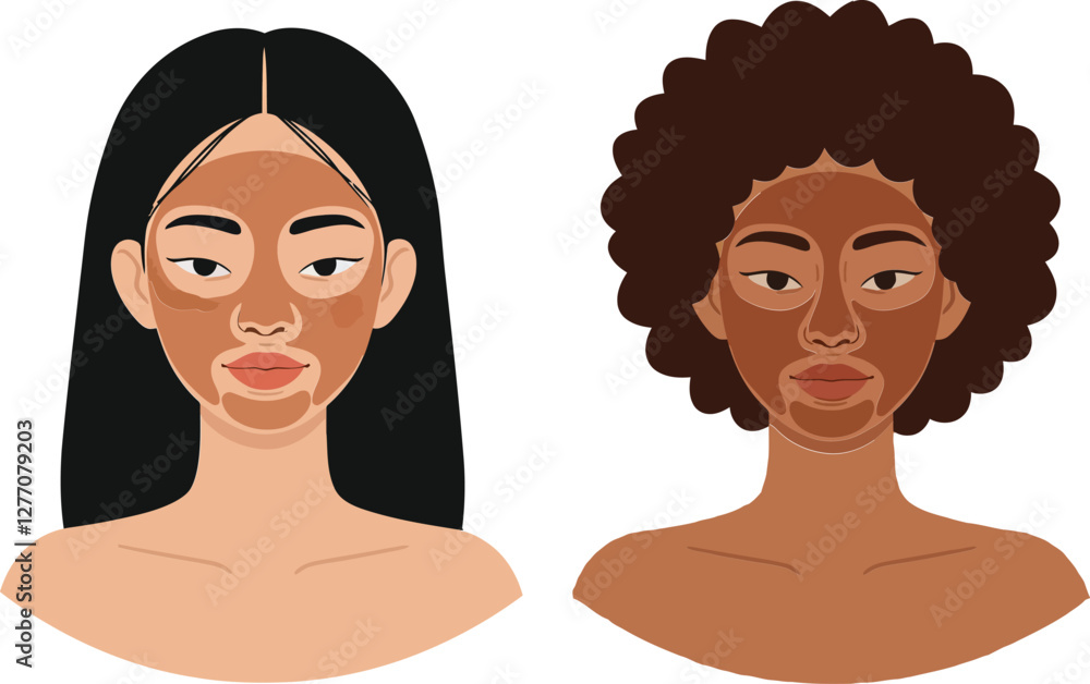 Two diverse women with distinct hairstyles and skin tones in a flat design showcasing beauty and individuality in vector illustration Two diverse women with distinct hairstyles and skin tones in a flat design showcasing beauty and individuality in vector illustration