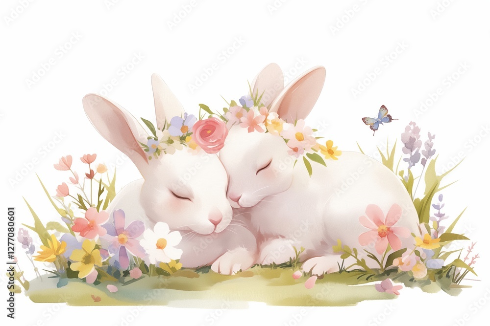 Obraz premium Watercolor Happy Easter baby bunnies design with spring blossom flower. Rabbit bunny kids illustration isolated. cartoon forest hare animal bunny holiday funny decoration. Nursery poster design